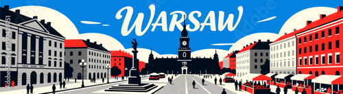 Warsaw cityscape illustration on blue background