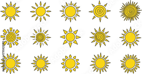 Collection of handdrawn sun icons