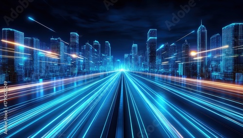 A futuristic cityscape with glowing skyscrapers, illuminated streets, and a dynamic sense of motion, depicting a vibrant urban environment at night.