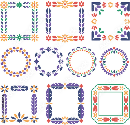 Set of colorful circle, square frames in traditional Peruvian colors. Festival Virgen de la Candelaria. National motif, feathers, floral accents, in vibrant colors. Cultural vector illustration