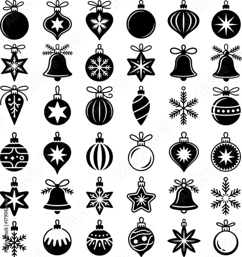 Set of black and white christmas ornaments. X-mas tree decoration collection. Holiday decoration, vector illustration. Simple minimalist festive icons such as baubles, stars, snowflakes, bells