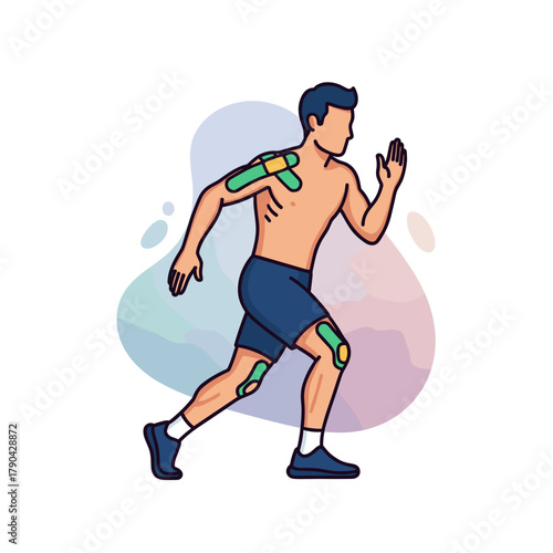 runner with kinesiology tape on shoulder, back, and leg for physiotherapy websites, sports medicine blogs, fitness injury prevention, and athletic product promotion
