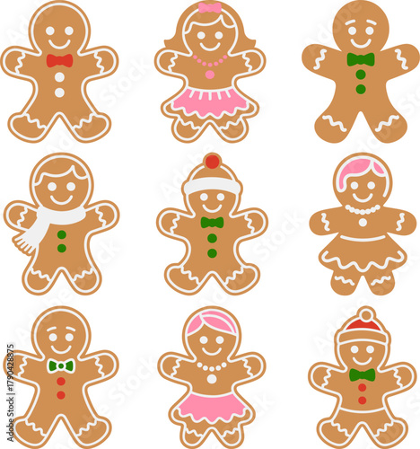 Сollection of funny gingerbread men and women cookies in black doodle style. Perfect for Christmas-themed vector illustration set, humorous seasonal graphics