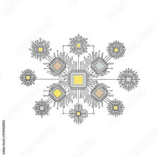 digital snowflake made of cpu and microchips for technology blogs, it security presentations, science education, and winter tech industry marketing