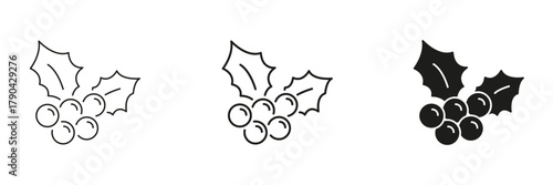 Holly Leaves And Berries In Line, Outline, And Glyph Icon Set. Christmas And Holiday Decoration Symbol Collection. Festive And Seasonal Design Elements. Isolated Vector Illustration