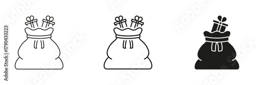 Santa Gift Bag With Presents In Line, Outline, And Glyph Icon Set. Holiday Celebration And Festive Season Symbol Collection. Christmas And Gift-Giving. Isolated Vector Illustration