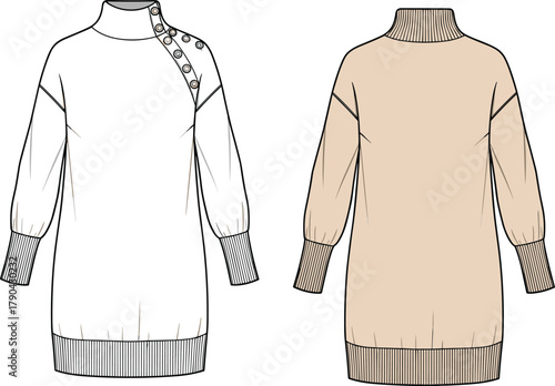 Sweater dress technical sketch, front back view, ribbed cuffs hem neckline, button placket detail, fashion flat, cad drawing flat vector illustration