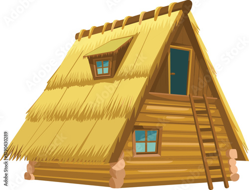Rustic A-frame house illustration, wooden cabin with thatched roof, cozy forest architecture, rural log home sketch, traditional countryside dwelling