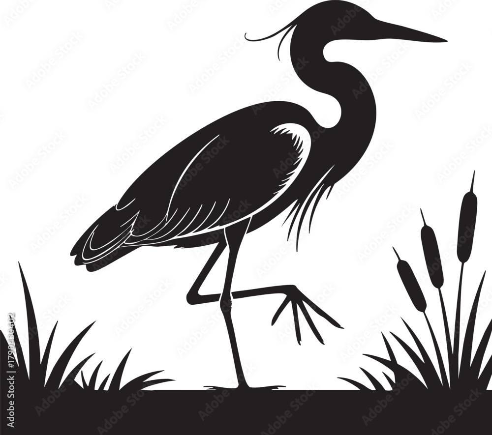Obraz premium Heron Bird Silhouette — Black Vector Illustration of Wading Bird Standing in Wetland for Nature and Wildlife Design