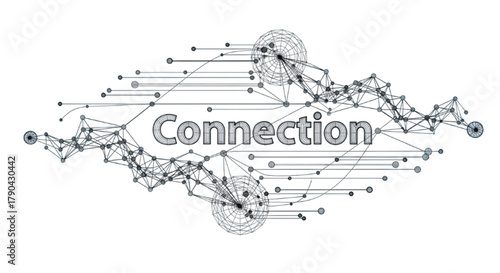 Abstract network of lines and dots forms a web of connection with the word 'Connection' at its center.