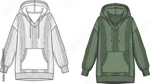 Green hoodie fashion sketch, technical flat drawing, botanical pattern, kangaroo pocket, ribbed cuffs, garment design, cad drawing flat vector illustration