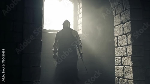 Knight with sword walking towards window light in a stone castle. Medieval fantasy concept for historical game or film.