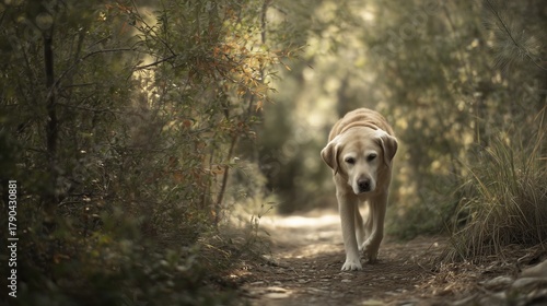 A mature Golden Labrador Retriever wanders along a peaceful forest path, moving with a slight limp as it enjoys the calming greenery of the surroundings. The dog savors the tranqui