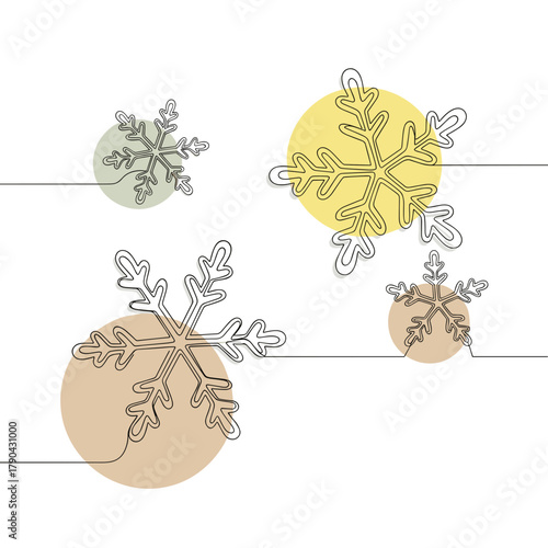 minimalist line art snowflakes with pastel color circles for winter season websites, modern greeting cards, holiday product packaging, and clean design blogs