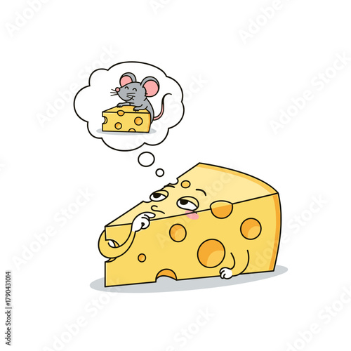 cartoon cheese wedge dreaming of a small mouse for food industry marketing, playful cooking blogs, children's books illustration, and humorous greeting cards