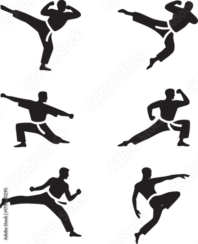 Martial Arts Silhouette Set — Black Vector Collection of Karate and Taekwondo Fighter Poses for Sports Design