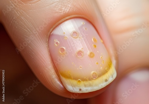 Extreme close-up of a fingernail with psoriasis, showing pitting, onycholysis (separation from nail bed), and yellowish discoloration. A common psoriatic symptom.