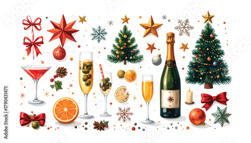 Festive holiday spread featuring trees, drinks, and decorations