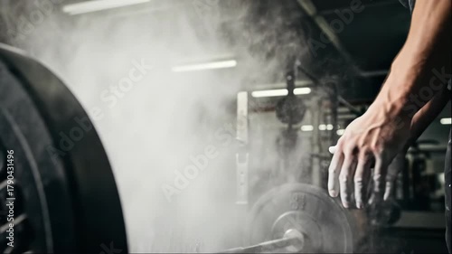 Mans hands clapping with white chalk powder in gym, preparing to lift barbell weight for intense powerlifting workout.