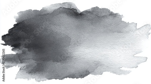 Abstract watercolor paint smudge with dark gray tones blending on white background, creating a textured ink wash effect and artistic brush strokes
