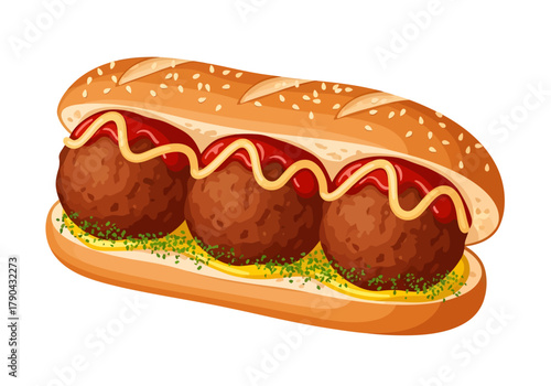 A vibrant vector illustration captures a hearty meatball sub, showcasing three large meatballs smothered in red sauce and yellow mustard, sprinkled with herbs, and served in a sesame seed bun