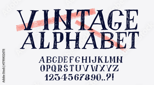 Ink pen font alphabet, numbers with typography design. Hand drawn alphabet. Grunge line decorative font. Hand drawn funky typeface, Ink, chalk texture doodle letters. Vector font.