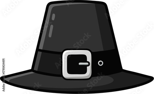 A black pilgrim hat with a silver buckle, symbolizing Thanksgiving and historical fashion