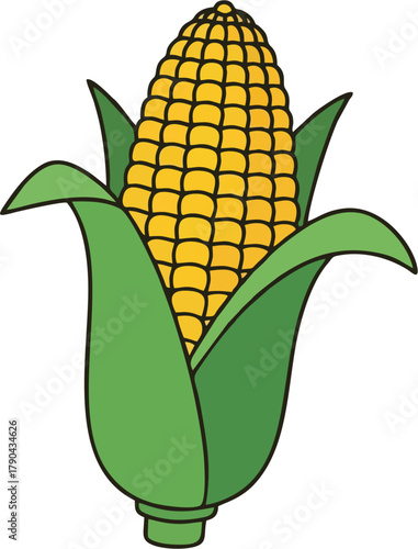 A vibrant yellow ear of corn with lush green husks, a classic illustration symbolizing harvest, healthy eating, and natural farm produce. Ideal for agriculture, food, and nutritional designs