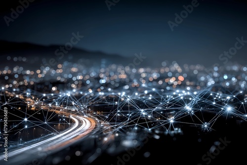 City lights connect through digital networks at night creating a vibrant scene of urban technology and movement