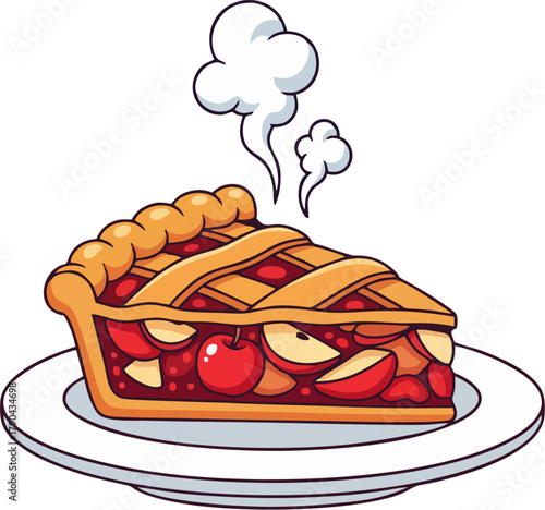 A delicious slice of freshly baked apple pie with visible steam rising, served on a white plate