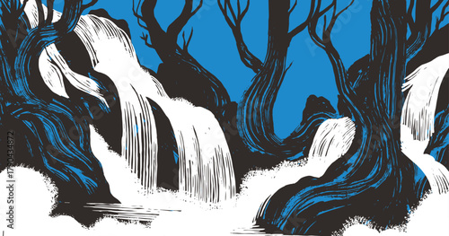 Dramatic hand-drawn illustration of a forest waterfall. Features dark, woodcut-textured tree trunks against a blue sky, with cascading white water and mist. Perfect for a moody nature background.