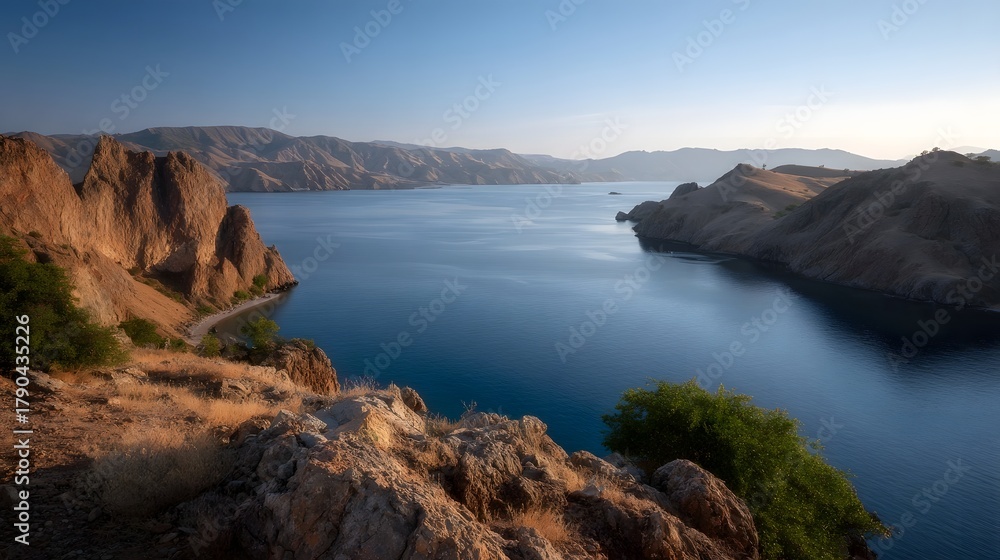 Fototapeta premium Serene coastal landscape with calm blue water and rugged cliffs under morning light