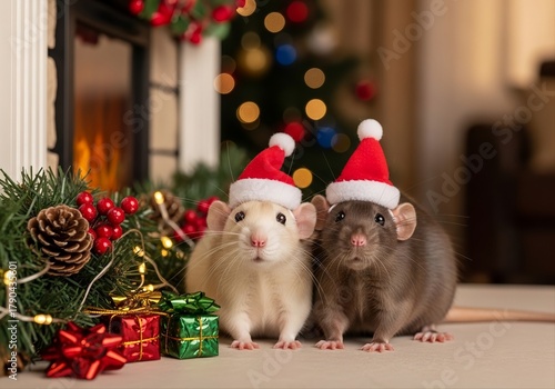Festive Christmas Rats Wearing Santa Hats in Cozy Holiday Living Room Scene with Christmas Tree, Gifts and Warm Decoration – Cute Holiday Pet Photography