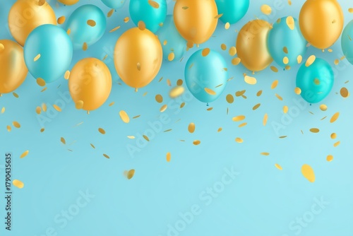 Celebration With Golden and Blue Balloons and Confetti on a Light Blue Backdrop