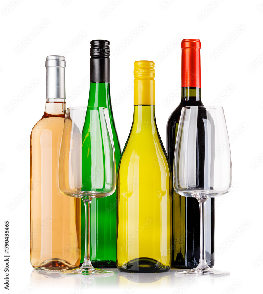 Naklejka premium Different wine bottles and glasses on white background