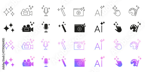 AI Icon Collection for Artificial Intelligence Creativity, Media, Code, Writing and Smart Automation. Set of AI Sparkles, Play Button, Wand, Music, Camera and Document. Isolated Vector Illustration