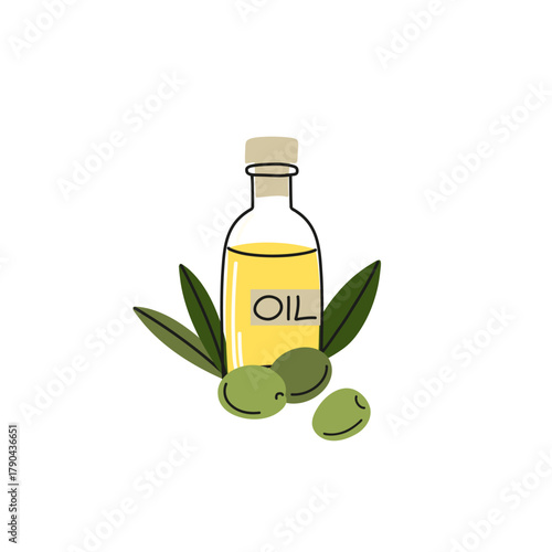 Olive oil in glass jar. Berries on plate and leaves. Cooking organic product. Bottle with liquid. Natural extra virgin. Diet vegan ingredient. Healthy food. Vector cartoon flat isolated illustration