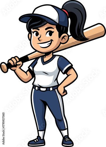 Cartoon girl baseball player holding bat ready to play