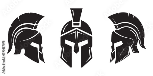 spartan helmet icon in flat, line style set isolated on transparent background, Detailed battle worn spartan helmet front view high resolution photo, Spartan helmet icon. Spartan Greek gladiator.