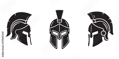 spartan helmet icon in flat, line style set isolated on transparent background, Detailed battle worn spartan helmet front view high resolution photo, Spartan helmet icon. Spartan Greek gladiator.