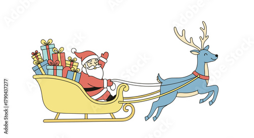Santa Claus riding sleigh pulled by reindeer with gifts in winter , isolated