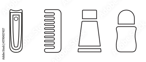 Vector Icons of Personal Hygiene Products. Nail Clipper, Comb, Lotion, Deodorant.