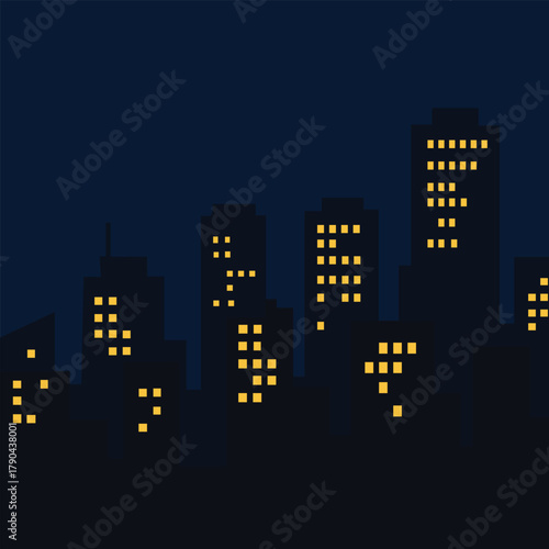 Night City Skyline – Stylized Urban Silhouette with Illuminated Windows and Minimalist Architecture