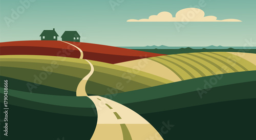 Rolling Hills Landscape with Road Leading to Houses, Scenic Countryside, Nature, Travel, Journey