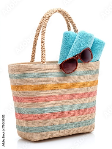 Summer vacation essentials: straw beach bag with sunglasses and towel on white background