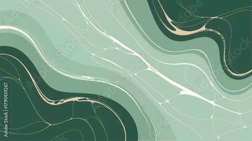 Abstract flowing green and gold wavy lines background