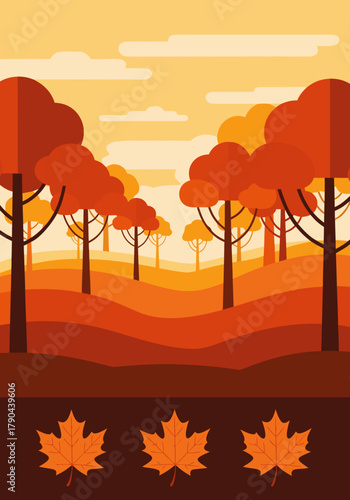 Autumn Forest Scene A Colorful Illustration of Fall Trees, Leaves, and Landscape in a Flat Design Style