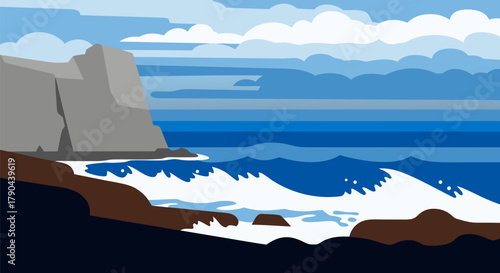 Abstract illustration of ocean waves crashing against a rocky coastline under a cloudy sky