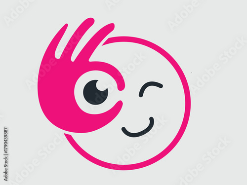 Pink hand making an OK gesture over a winking smiley face, conveying positivity and approval.