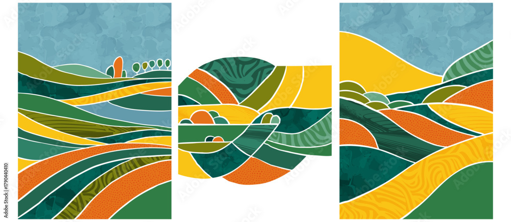 Fototapeta premium Green abstract agriculture field vector leaflet. Agro card template, farm presentation. Set of a4 layout with nature theme. Minimalist shape, agri design. Field view with texture background